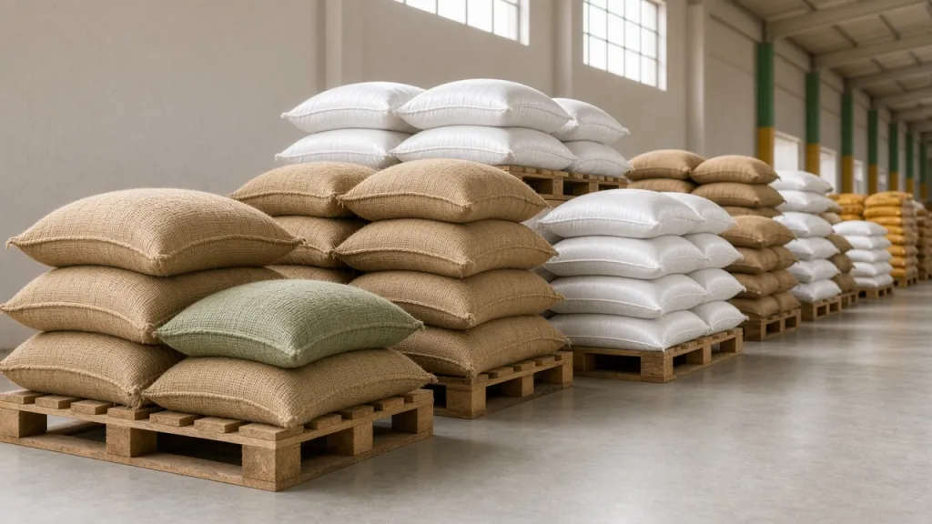Jute and woven polypropylene sacks stacked on pallets in a warehouse, ready for export